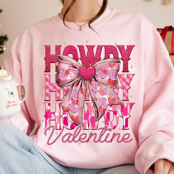 Coquette Bow Howdy Valentine Sweatshirt, Western Valentines Shirt, Valentine Hearts Pullover, Pink Glitter Valentine Shirt, Cowboy Cupid Love Sweatshirt, Retro Valentines Tee