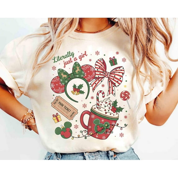 Coquette Bow Literally Just A Girl Christmas Shirt Disney Minnie Mouse