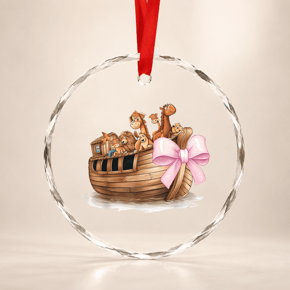 Coquette Bow Noah'S Ark Christian Animals Girl Mom Pink Glass Ornament Holiday Tree Decoration