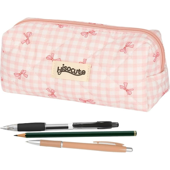 Coquette Bow Pencil Pouch, Cute Pink Bow Checkered Pencil Case, Soft Quilted Pen Bag for Women Office(No Pen)