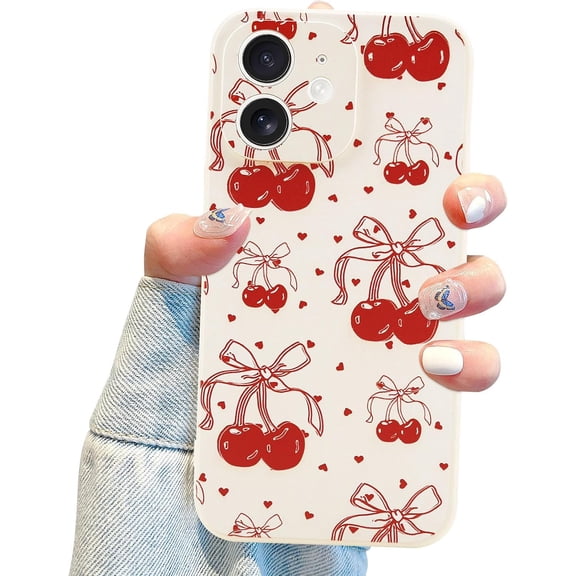 Coquette Bow Phone Case for iPhone 11, Cute Cherry Red Ribbon Bow Aesthetic Soft Case for Women Girls - Beige White