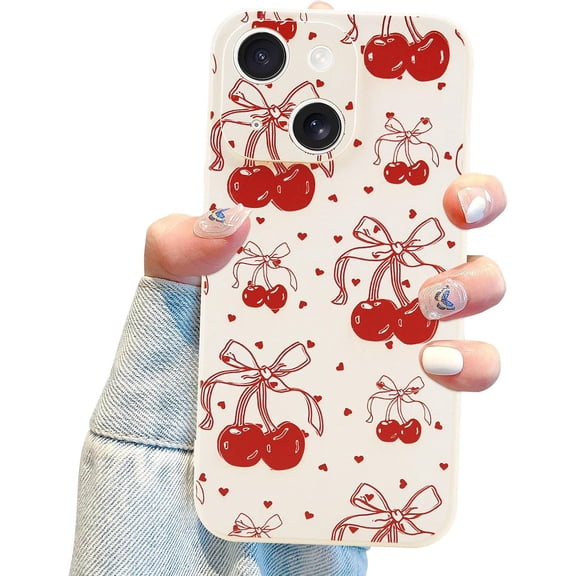 Coquette Bow Phone Case for iPhone 13, Cute Cherry Red Ribbon Bow Aesthetic Soft Case for Women Girls - Beige White