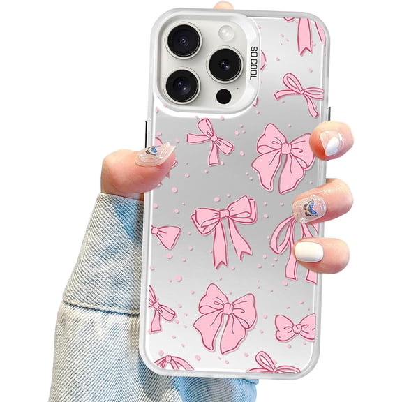 Coquette Bow Phone Case for iPhone 14 Pro, Cute Pink Ribbon Bow Aesthetic Case for Women Girls - Pink