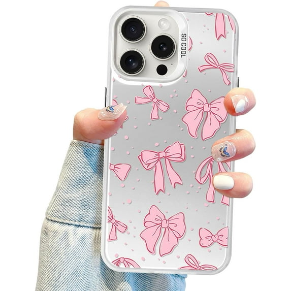 Coquette Bow Phone Case for iPhone 15 Pro Max, Cute Pink Ribbon Bow Aesthetic Case for Women Girls - Pink