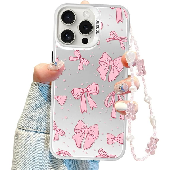 Coquette Bow Phone Case for iPhone 15 Pro Max, Cute Pink Ribbon Bow Aesthetic Case for Women Girls with Bracelet Chain - Pink