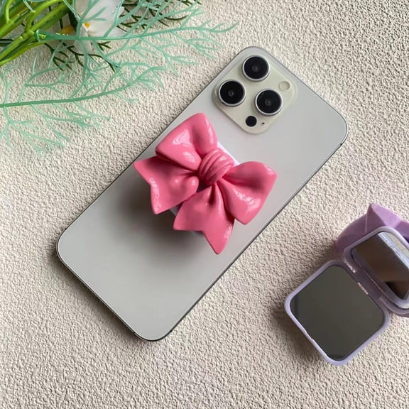 Coquette Bow Phone Grip Stand with Mirror, 3-in-1 Adhesive Telescopic Back Grip for iPhone, Samsung and Most Smartphones, Kawaii Kickstand Holder