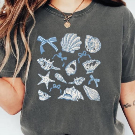 Coquette Bow Seashell Retro Summer Tee, Vintage Summer Vibes Beachy Vacation Shirt, Cure Preppy Girls Trip Shirt, Sea Shell Lover Y2K Shirt, Full Size S-5XL