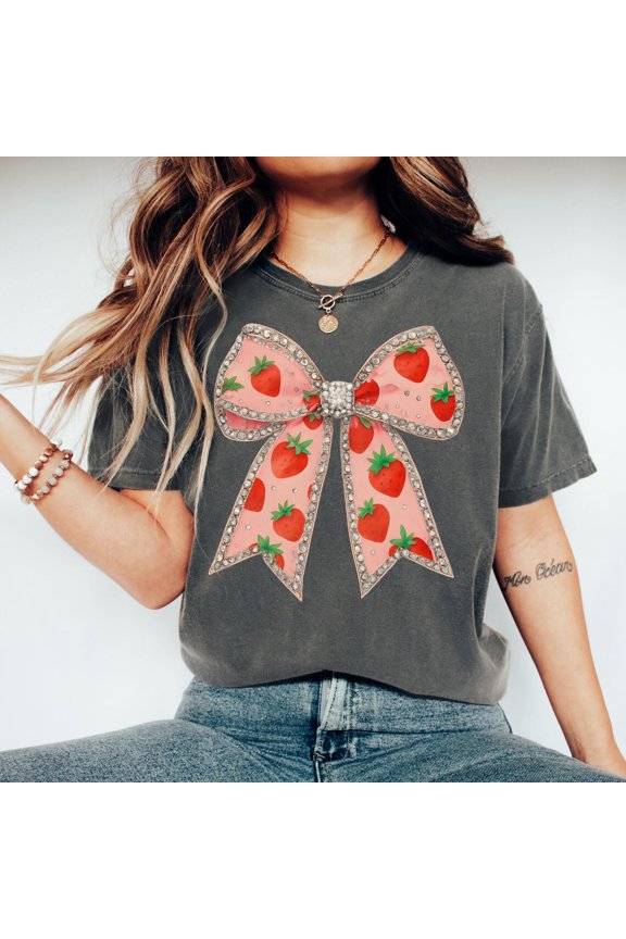 Coquette Bow Shirt: Strawberry Rhinestone Bow, Girly Preppy Tee All Size S-5Xl