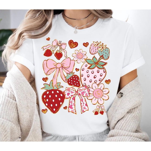 Coquette Bow Strawberry Summer Shirt, Cute Pink Berries Coquette Bow T-shirt, Summer Trip T-Shirt, Strawberry Lover Gift, Girl Summer Tee All Size S-5Xl