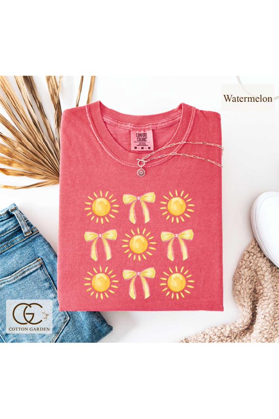 Coquette Bow Summer Shirt, Trendy Girly Summer Top, Beach Vibes Tee, Sunshine Graphic T-shirt, Sun And Bow Aesthetic Apparel