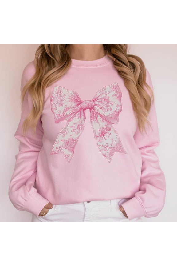 Coquette Bow Sweatshirt Love Toile de Jouy Pink Bow Fancy Chinoiserie Print Trendy Sweatshirt Coquette Aesthetic Bow Cute Friend Gift