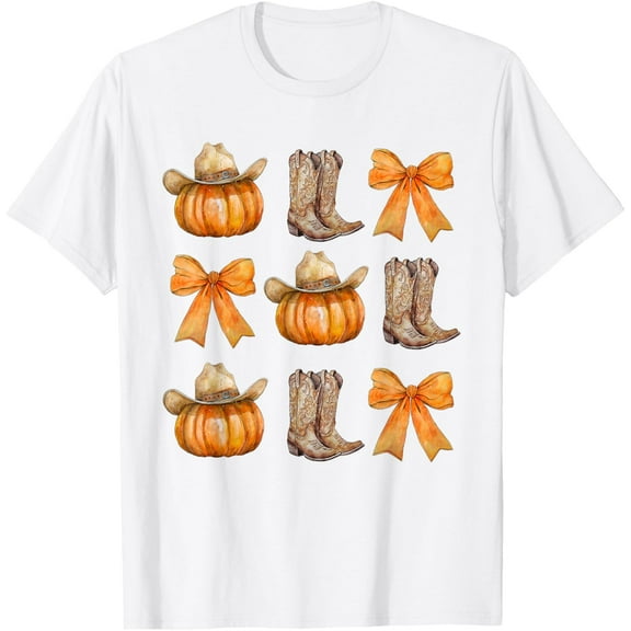 Coquette Bow Western Boots Pumpkin Cowboy Cowgirl Halloween T-ShirtMen and women, White T-shirt, size: Extra large