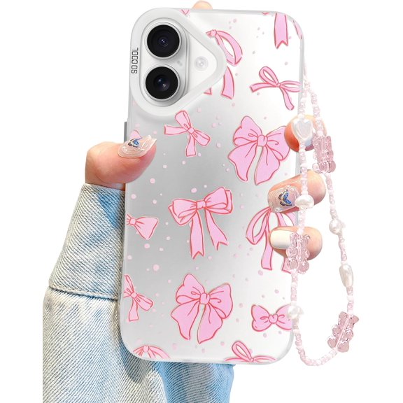 Coquette Bowknot Phone Case for iPhone 16, Cute Pink Ribbon Bow Aesthetic Case for Women Girls with Bracelet Chain - 2024 Pink