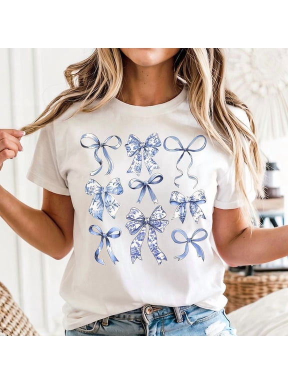 Coquette Bows T-Shirt Blue Bow Shirt, Floral Blu Bow Shirt, Ribbon Shirt S-5XL, TRENDING TSHIRT