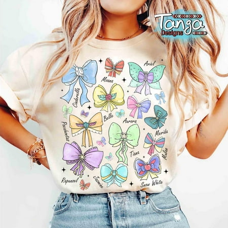 Coquette Bows Watercolor Disney Princess T-Shirt, Disney Aurora Ariel Belle Cinderella Tiana Shirt, Magic Kingdom Disneyland Girl Trip 2025 Youth Toddler Kids,White Color,Size S