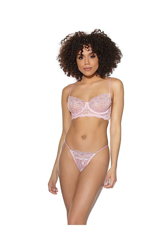 Crystal Pink Underwire Bra & G-String Pink/Silver, Lace, L