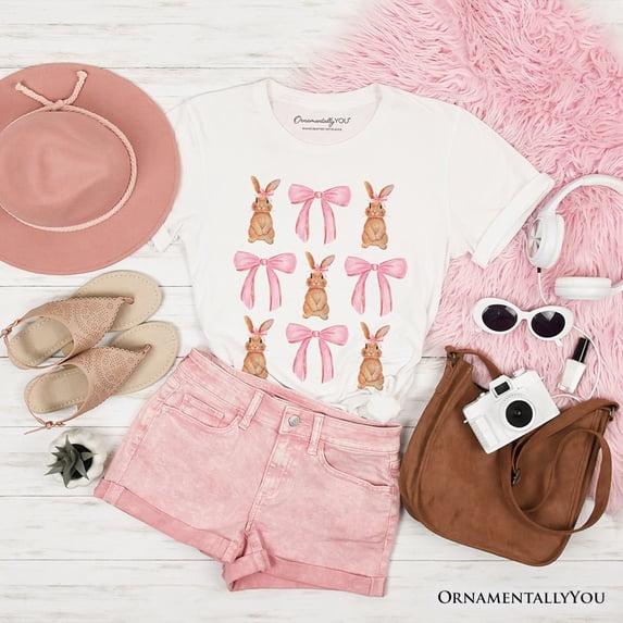 Coquette Bunny Pink Bow Easter T-Shirt, Cute Girly Bunny Spring Tee