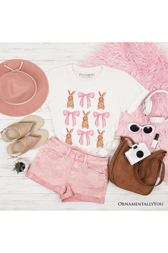 Coquette Bunny Pink Bow Easter T-Shirt, Cute Girly Bunny Spring Tee