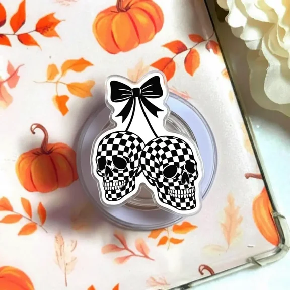 Coquette Checkered Cherry Skull Phone Grip, Cute Edgy Goth Aesthetic Magnetic Kickstand Holder