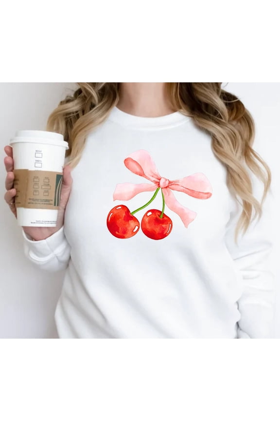 Coquette Cherry and Bow Sweatshirt, Coquette Aesthetic Sweatshirt, Trendy Crew, Ribbon Crewneck, Cottage Core Sweatshirt, Coquette Clothing Sweatshirt All Size S-5XL