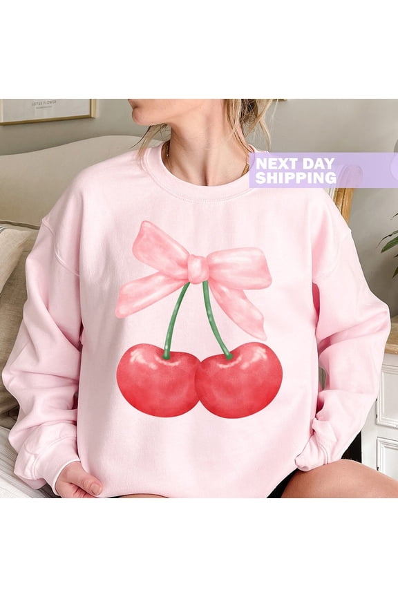 Coquette Cherry and Bow Sweatshirt, Mom, Cute Aesthetic Mom Sweatshirt, Ribbon Crewneck, Cottage Core Sweatshirt, Coquette Clothing Sweatshirt All Size S-5XL