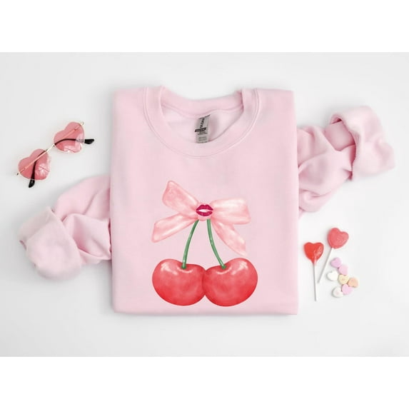 Coquette Cherry And Bow Sweatshirt, Valentines Day Coquette Shirt, Cute Ribbon Shirt,Coquette Girl Sweatshirt,Cherry Coquette Tee, Kiss Tee SWEATSHIRT All Size S-5XL