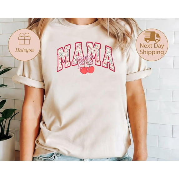 Coquette Cherry Mama T-Shirt, Floral Mama Shirt, Mothers Day Gift, Mama Summer Shirt, Mama Birthday Gift For Mama, New Mama Gift