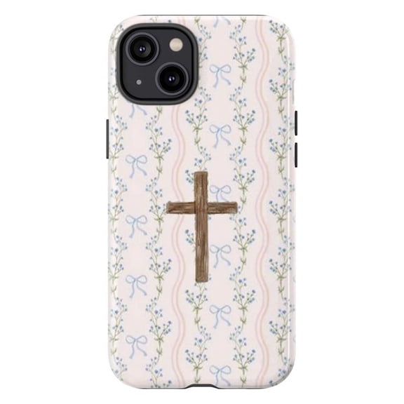 Coquette Christian Phone Case, Blue Floral Bow Cross iPhone Cover for iPhone 17 16 15 14 13 12 11 Pro Plus Mini