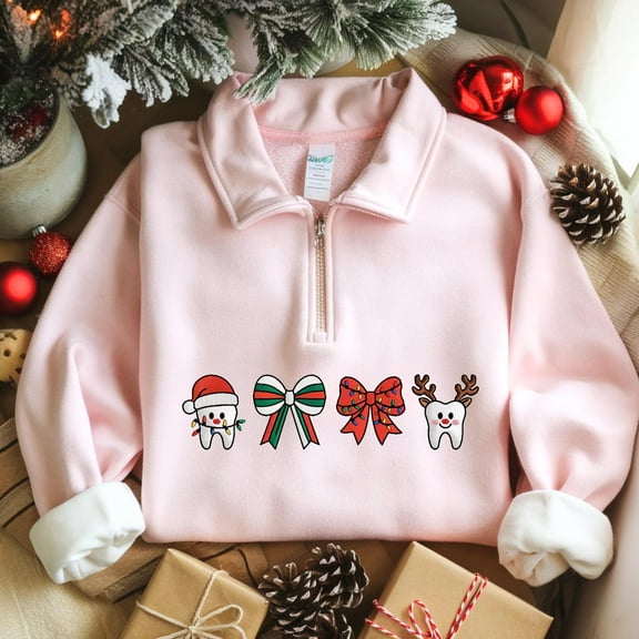 Coquette Christmas Dentist Embroidered Quarter Zip Sweatshirt, Xmas Dental Embroidery Shirt, Santa Teeth Tee, Christmas Nurse Gift