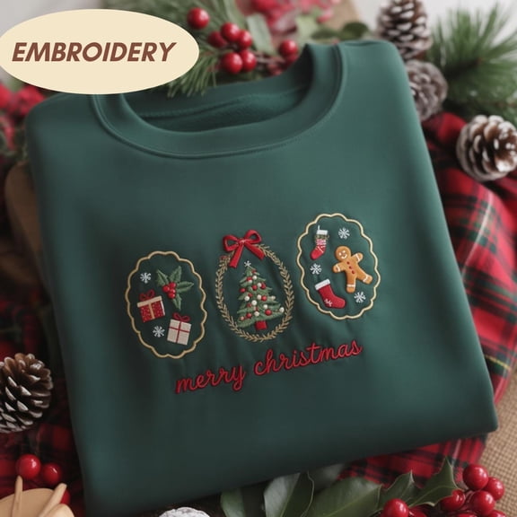 Coquette Christmas Embroidered Shirt, Embroidered Gingerbread Christmas Tree Shirt, Reindeer Embroidered Shirt, Coquette Bow Shirt