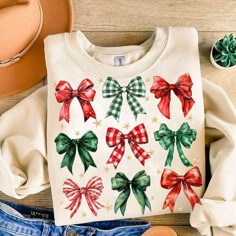 Coquette Christmas Sweater, Candy Cane Plaid Bow Retro Holiday