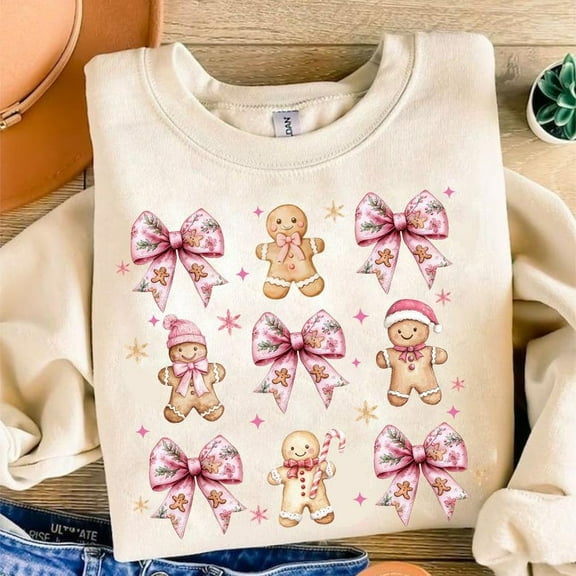 Coquette Christmas Sweatshirt, Coquette Bow Gingerbread Shirt, Retro Holidays Sweatshirt, Candy Cane Xmas Tree Cake Shirt, Girly Christmas Sweatshirt