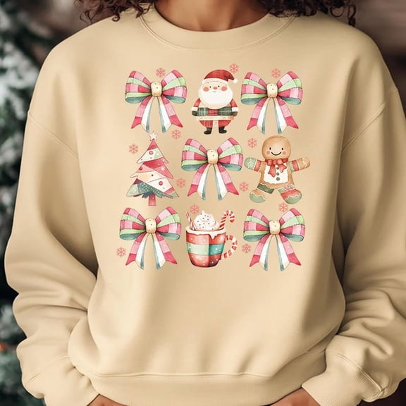 Coquette Christmas Sweatshirt, Girly Holiday Crewneck with Bow & Candy Cane, Retro Santa Hot Cocoa Pullover, Cute Xmas Tree Shirt