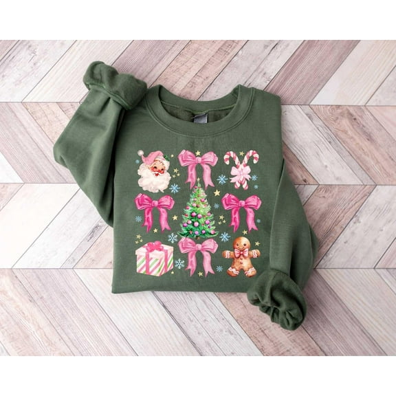 Coquette Christmas Sweatshirt | Pretty Pink Bows, Santas and Gingerbread Sweatshirt | Festive Holiday Crewneck | Soft Girl Christmas Sweater