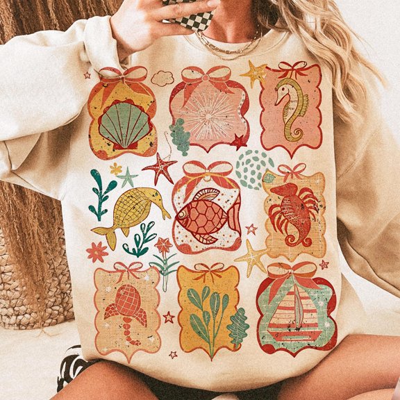 Coquette Coastal Summer Shirt, Trendy Summer Sweatshirt, Beach Outfit, Jellyfish and Seahorse Print, Coastal Aesthetic Shirt for Women