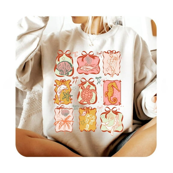 Coquette Coastal Summer Sweatshirt, Trendy Beach Shirt with Jellyfish, Seahorse, and Fish , Aesthetic Ocean Vibes for Sunny Days