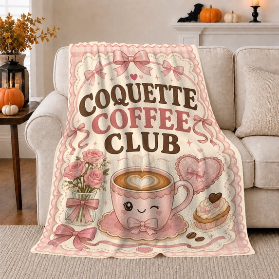 Coquette Coffee Cup Illustration, Romantic Pink Cafe Illustration, Friendship Gift for Coquette Coffee Enthusiasts, Comfortable Flannel Blanket with Home Decor for Living Room and Bedroom