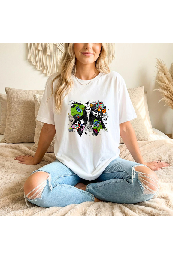 Coquette Costume Party Nightmare Stitch T-Shirt Cartoon Horror Bow Tee All Size S-5XL
