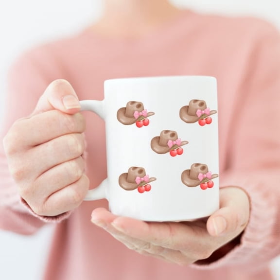 Coquette Cowboy Hat with Pink Bows and ries White Mug, Rodeo Mug, Yeehaw Mug, Cowboy Hat Aesthetic, Le Go Girls, Girly Cute Gif.