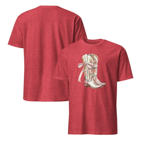 Coquette Cowgirl Boots Tee, Pink Bow, Western Style, Country Concert T-Shirt (Heather Red, S)