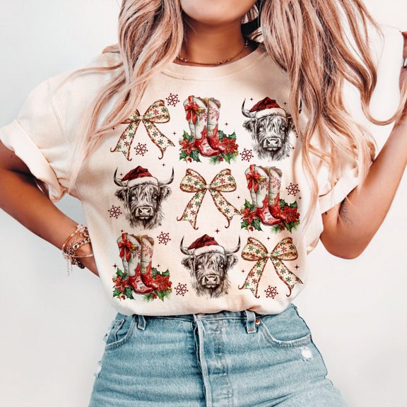 Coquette Cowgirl Christmas T-Shirt – Highland Cow Western Holiday Tee with Funny Style and Festive Country Charm