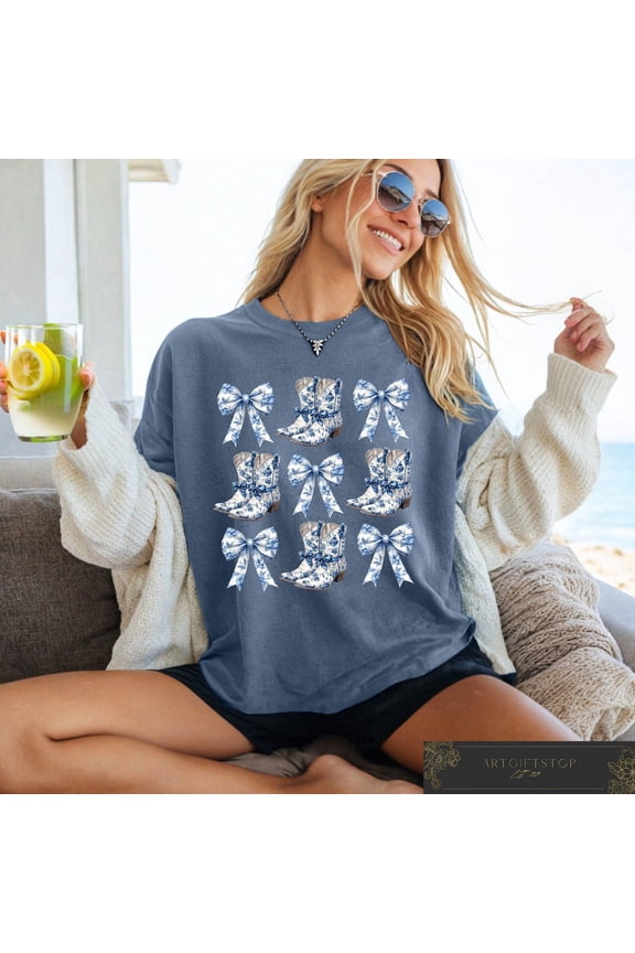 Coquette Cowgirl T-Retro Shirt Coquette Bow Toile De Jouy Trending Tee, Aesthetic Coquette Cowgirl, Coquette T-F3578