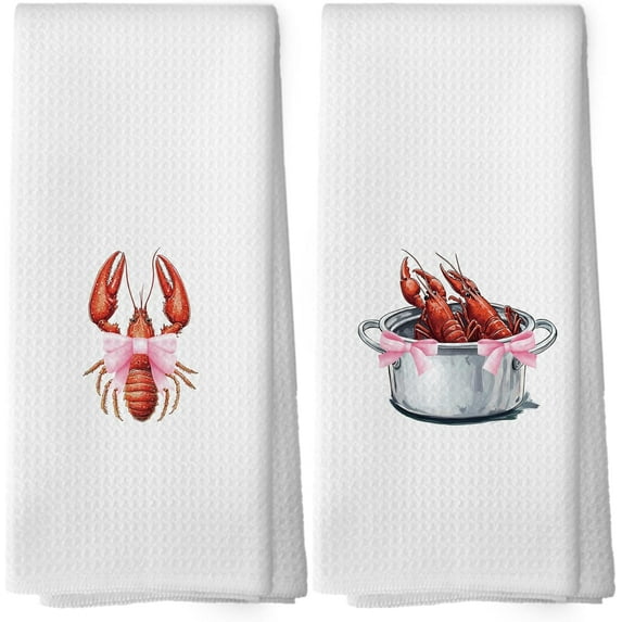 Coquette Crawfish Kitchen Towels - Preppy Coastal Seafood Boil Dish Towels, Ocean Beach Lobsters Decorative Absorbent Dishcloths Hand Towel Set of 2 for Beach House Kitchen Decor 18x26 Inches