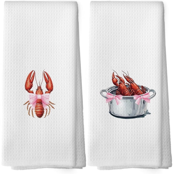Coquette Crawfish Kitchen Towels - Preppy Coastal Seafood Boil Dish Towels, Ocean Beach Lobsters Decorative Absorbent Dishcloths Hand Towel Set of 2 for Beach House Kitchen Decor 18x26 Inches