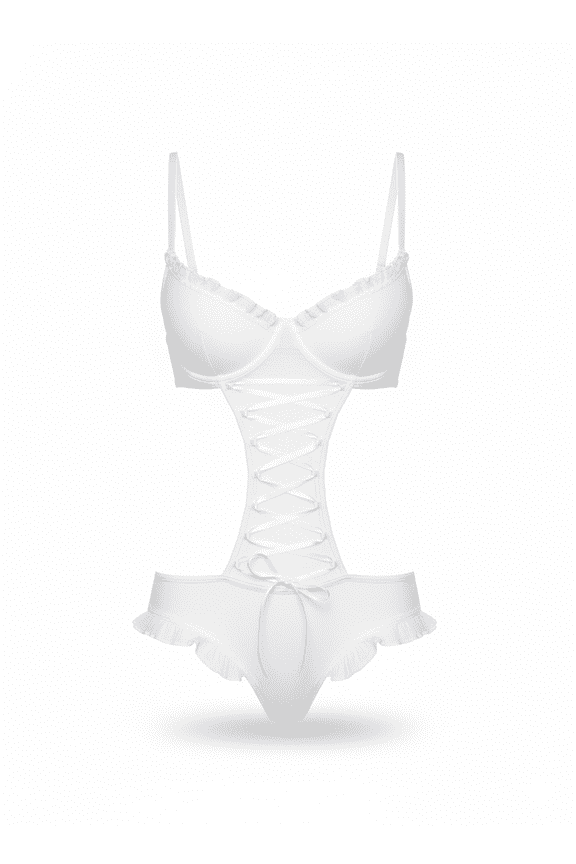 Stretch Mesh Ruffled Crotchless Teddy White Large
