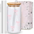thumbnail image 1 of Coquette Cute Pink Bow Glass Cups with Lids and Straws, Aesthetic Iced Coffee Cup, Girly Preppy Design Tumbler Mug, Birthday Valentines Christmas Gifts for Women, Teen Girl Gifts Trendy Stuff, 1 of 6