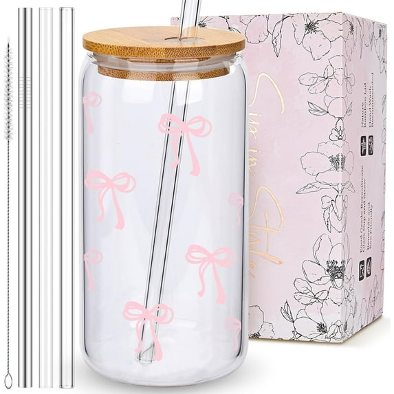 Coquette Cute Pink Bow Glass Cups with Lids and Straws, Aesthetic Iced Coffee Cup, Girly Preppy Design Tumbler Mug, Birthday Valentines Christmas Gifts for Women, Teen Girl Gifts Trendy Stuff