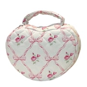 Coquette Diamond Pink Quilted Makeup Bag, Heart Floral Large Capacity Cosmetic Organizer with Handle, Cute Travel Toiletry Pouch for Women Girls Dating Daily Gifts