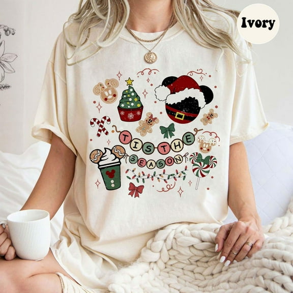 Coquette Disney Christmas Tis the Season Comfort Colors Shirt, Magical Disney Christmas TShirt,Ivory Color,Size M