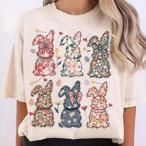 Coquette Easter Bunny T-Shirt, Cute Preppy Spring Bunny with Pearl Chain and Floral Design, Girly Pastel Aesthetic Tee for Women or Teens